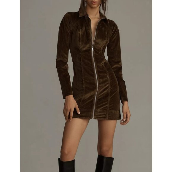Anthropologie Pilcro Long-Sleeve Corduroy Slim Zip-Front Mini Dress Brown Size 6 - Picture 1 of 15